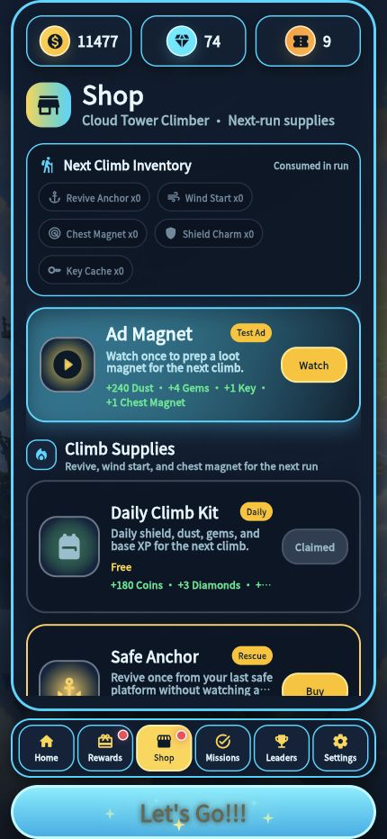 Cloud Tower Climber shop screen